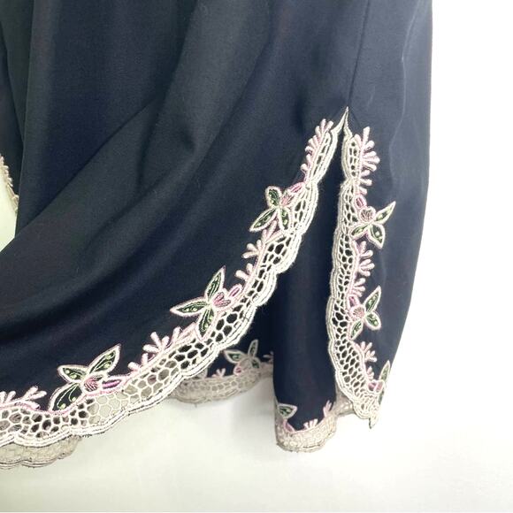 Vintage Embroidered Black Dress White Floral Lace Rayon Dress Pink Green - Picture 8 of 9